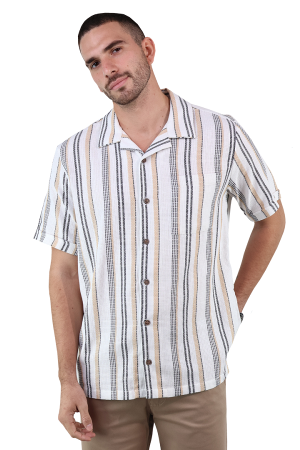 Camisa Estilo Resort De Algodón Manga Corta Estampado Vertical Para Hombre